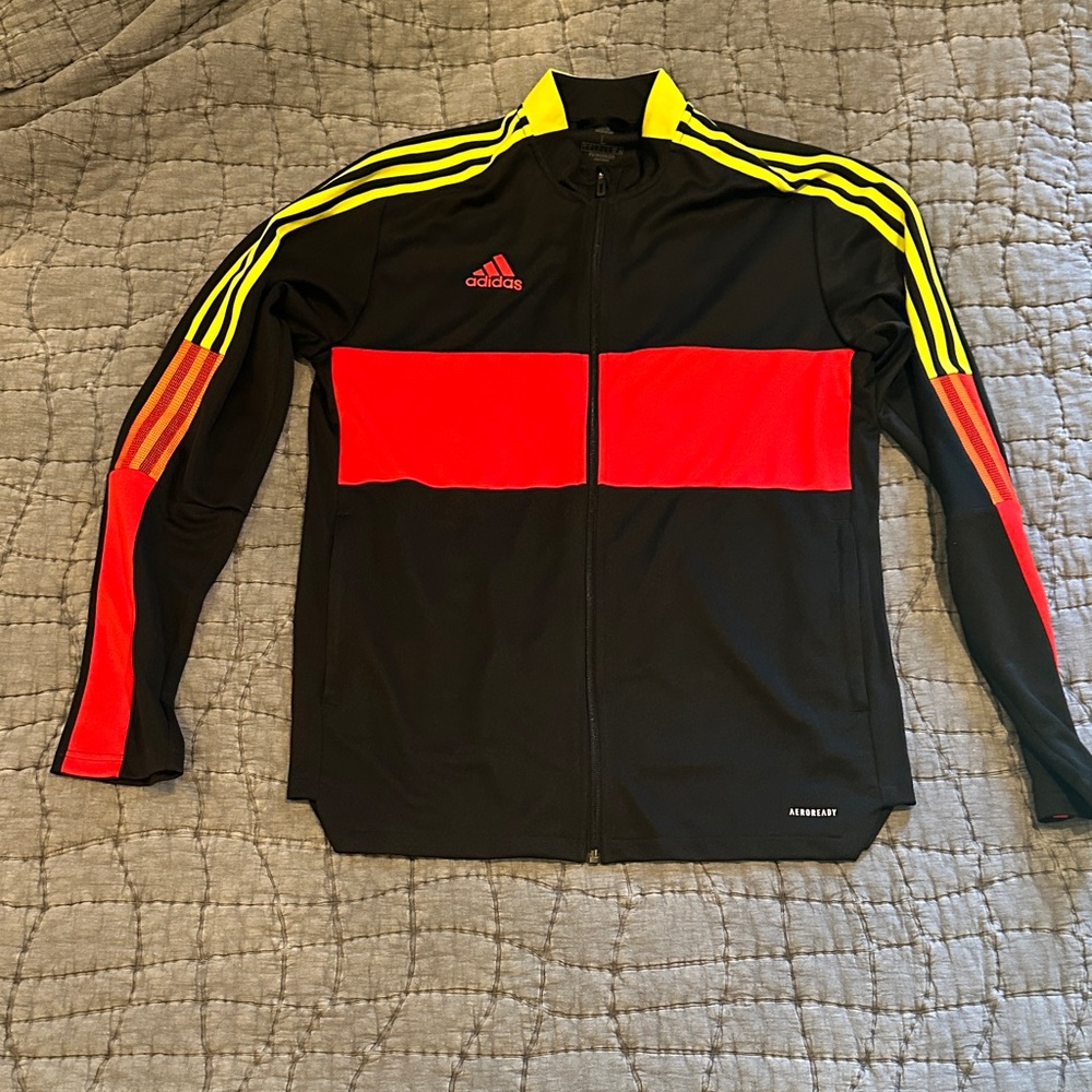 Adidas Men's Black Jacket with Red and Yellow Accents